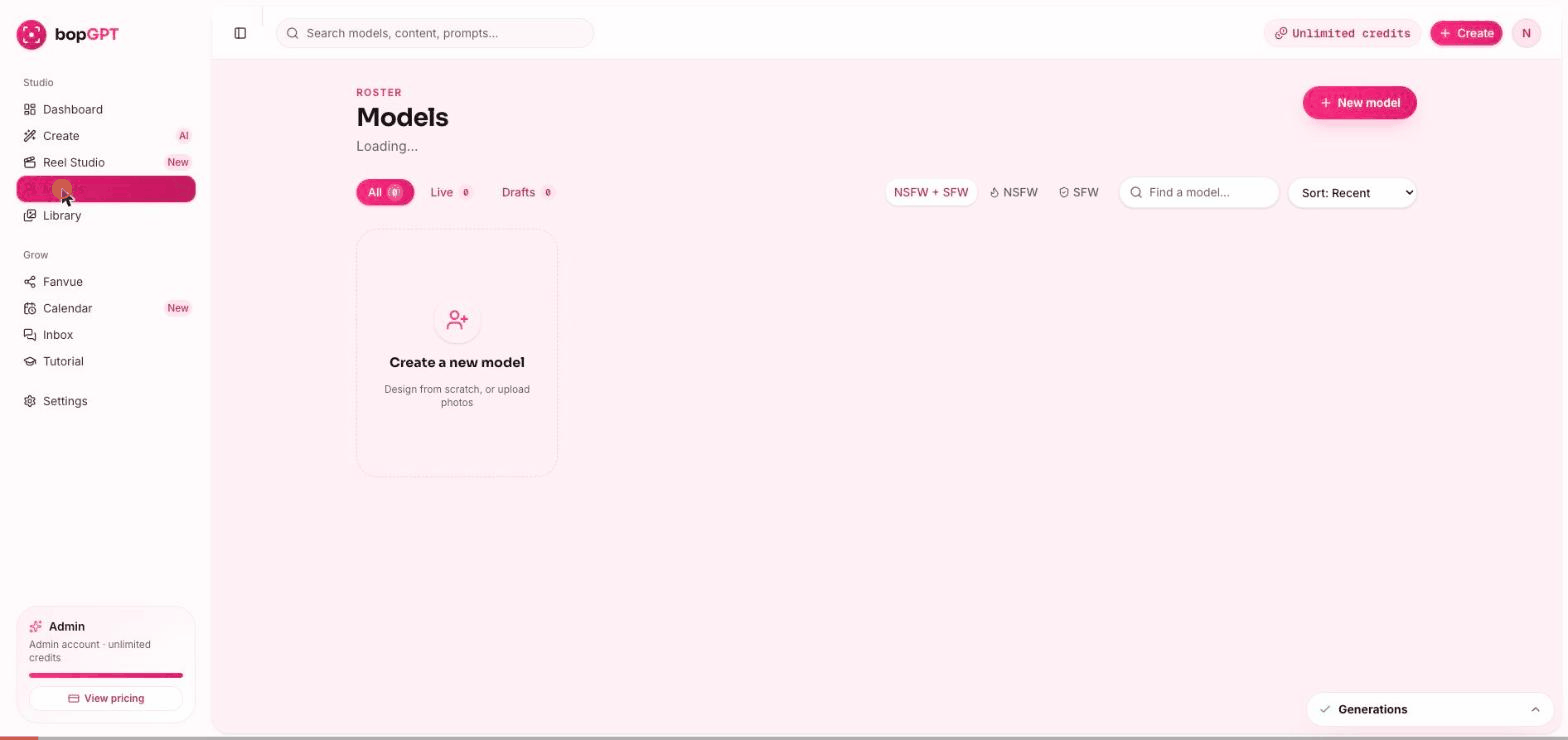The entire flow, real time: cards → name → create → she renders in the background.