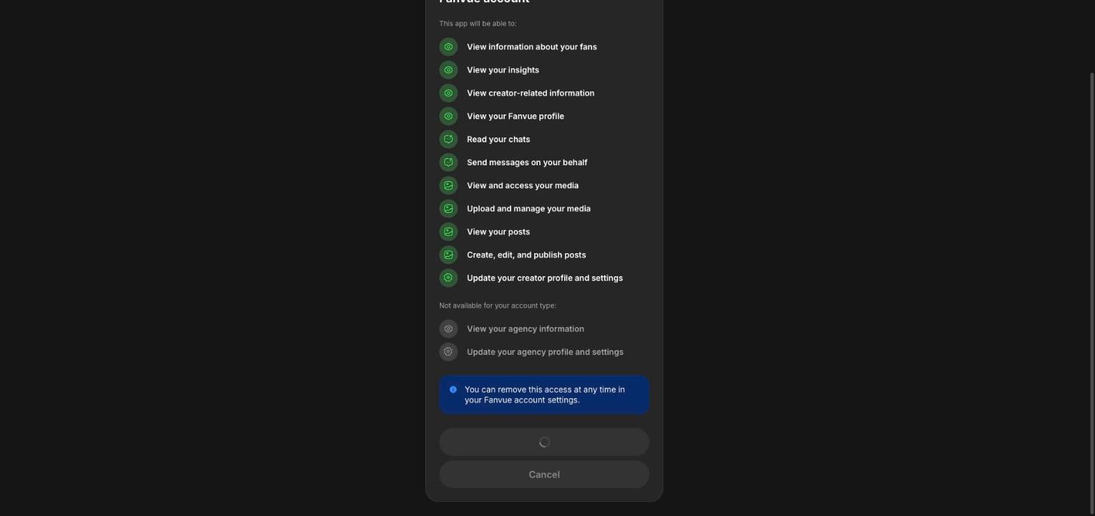 The authorization screen — this is Fanvue asking permission on her behalf. Hit Allow.