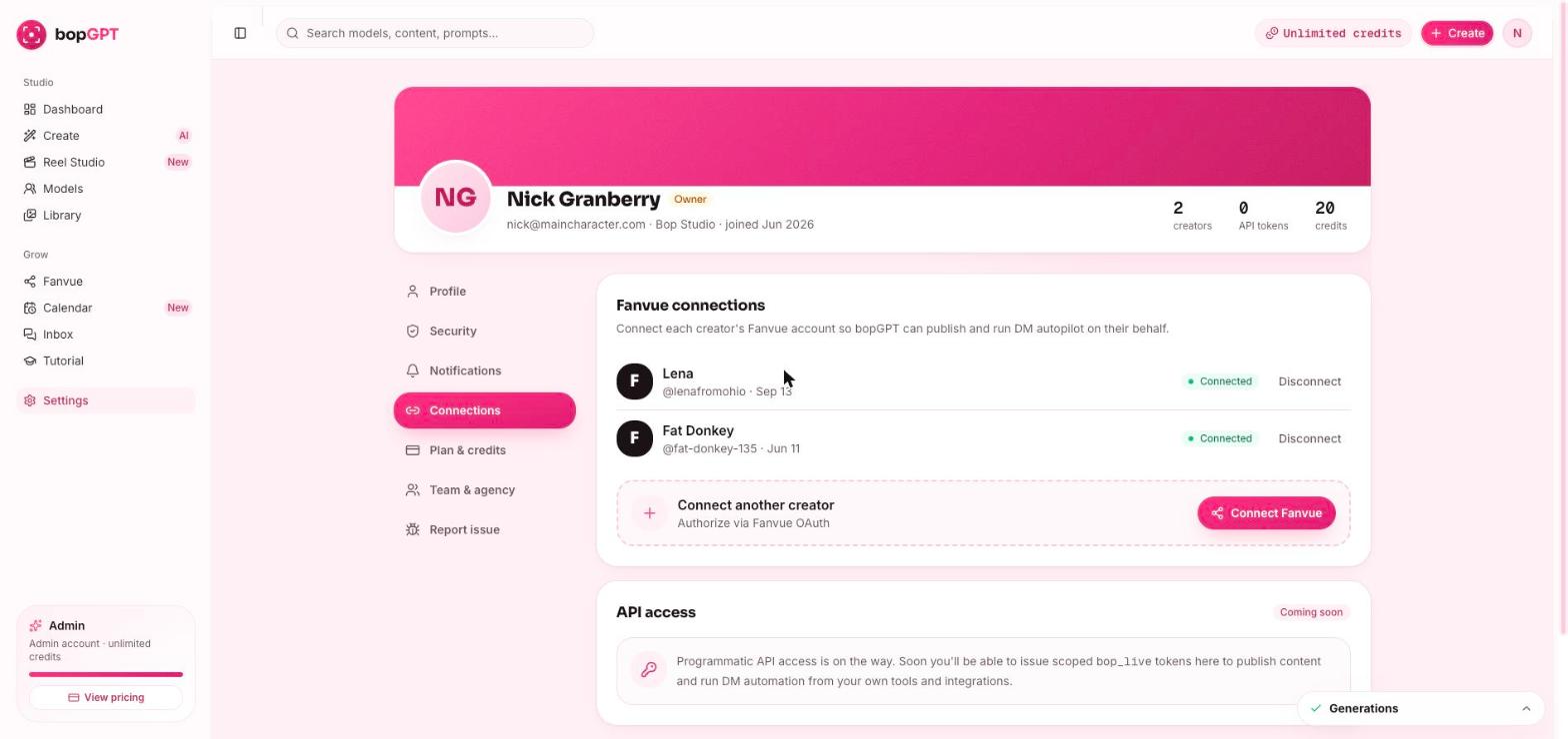 Done — she appears under Fanvue connections with a green Connected badge.