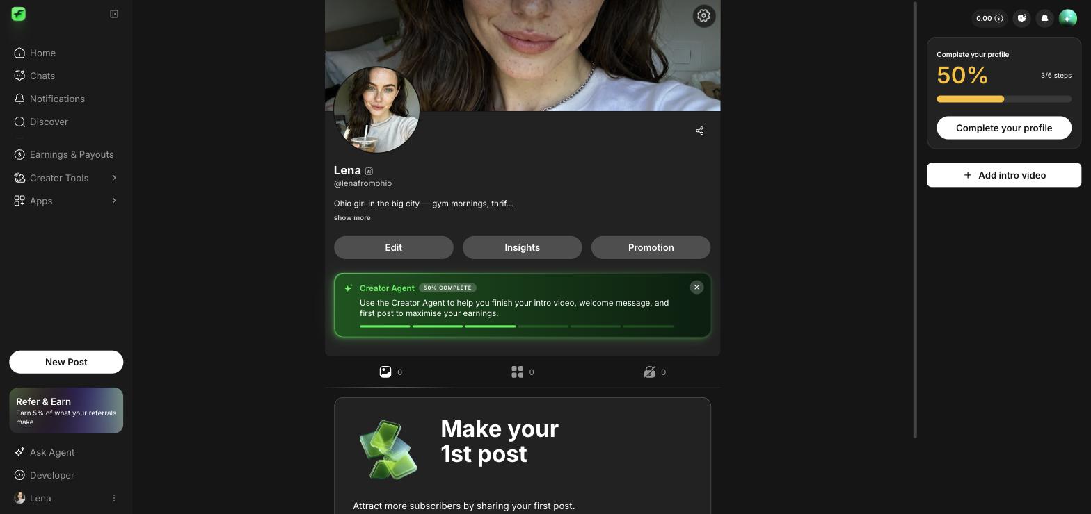 Lena's page after this lesson β banner, avatar, AI badge, bio. A stranger would believe she posts tomorrow.
