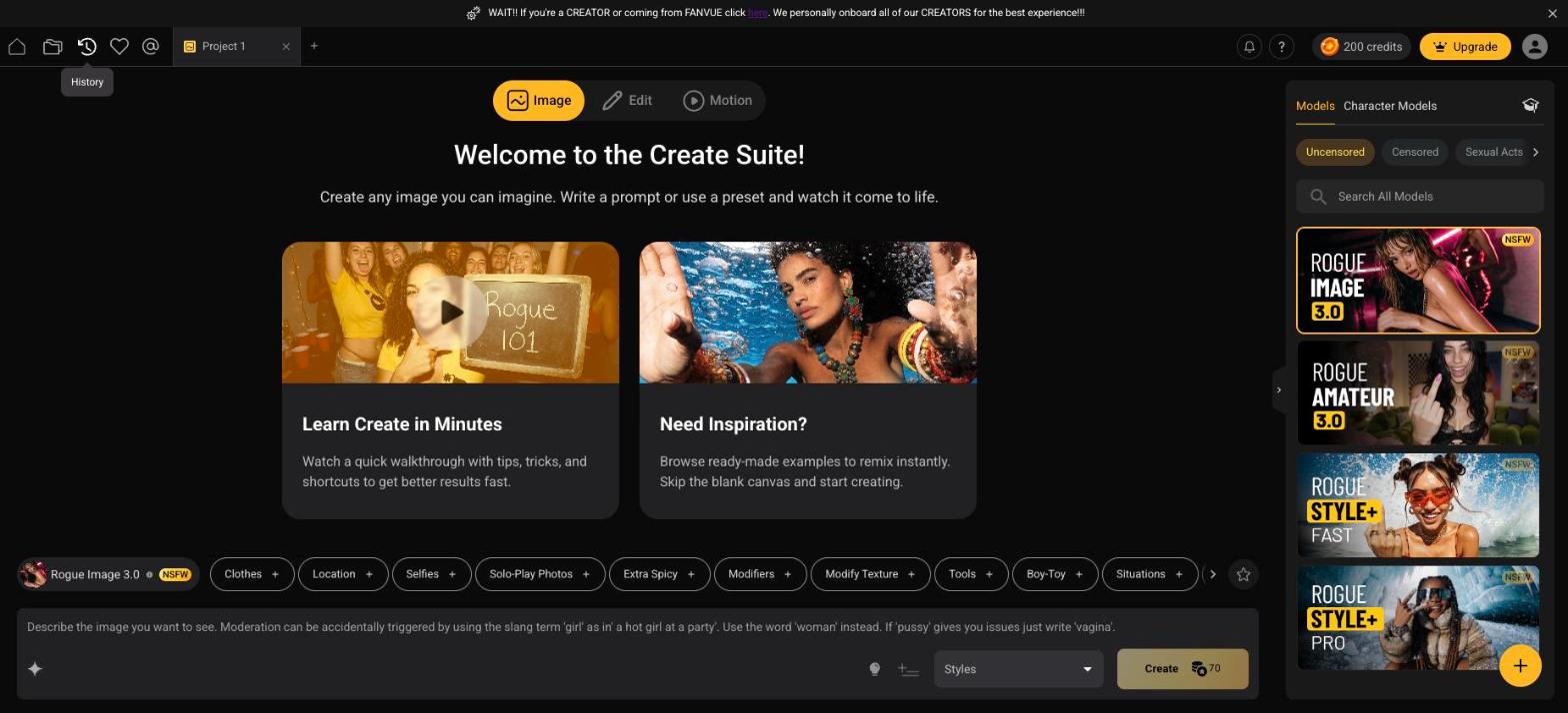 The Create suite: suite switcher up top, Model Drawer on the right, preset pills above the prompt box.