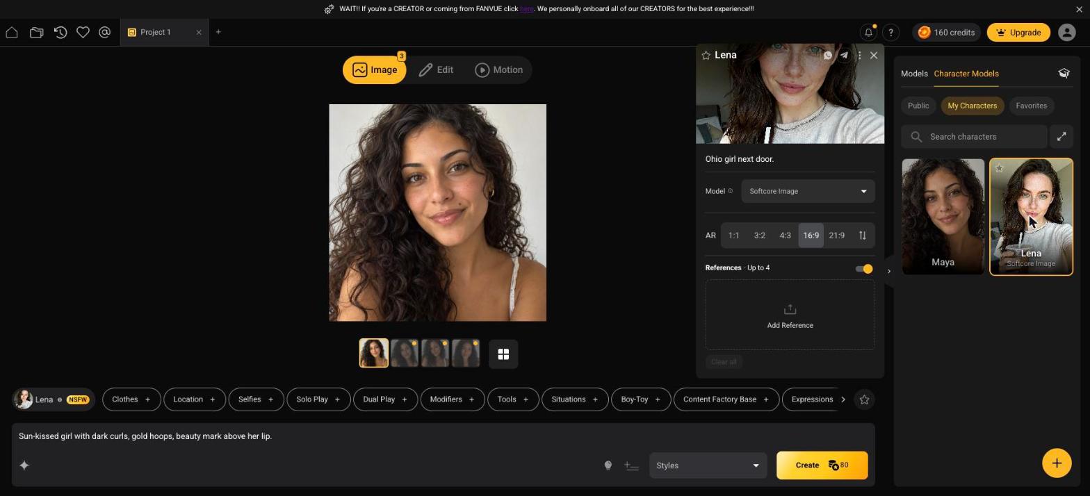 Lena selected — her face on the panel, Softcore Image as her image model. Every render from here is her.