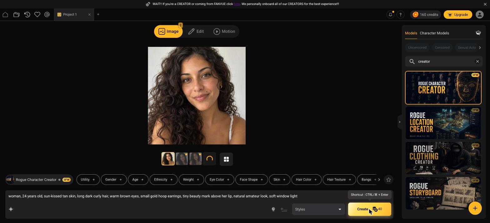 Path B: prompt a face, get four candidates. ~40 credits.