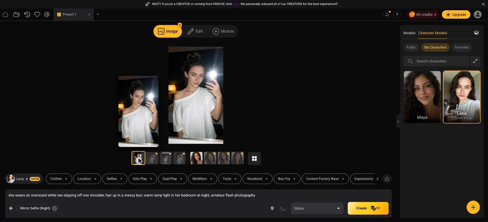 The keeper, selected from the strip. Same girl as her Fanvue feed — that's the character model doing its job.