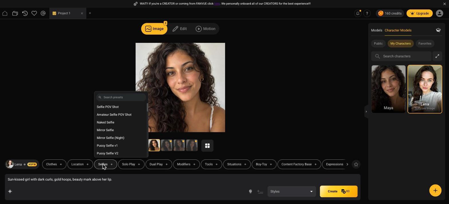 The Selfies preset menu. Every entry is a pre-tuned professional prompt — click first, type second.